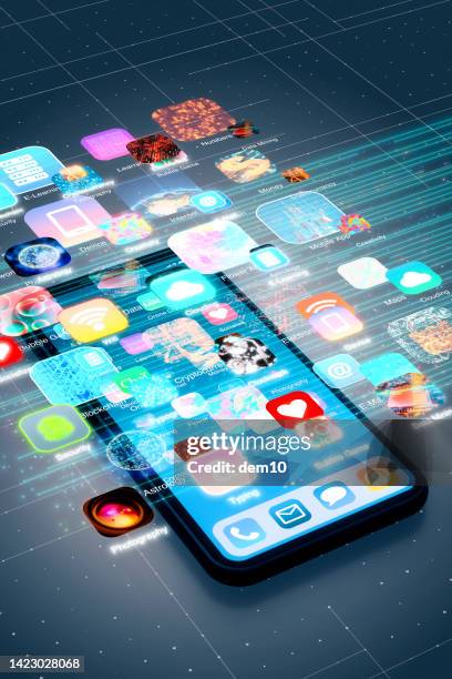 ilustraciones, imágenes clip art, dibujos animados e iconos de stock de teléfono móvil inteligente con aplicaciones - marketing digital