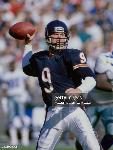 Jim McMahon, Quarterback for the Chicago Bears throws the football during the National Football Conference Central game against the Dallas Cowboys on...