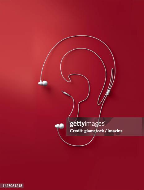 ear, ear shape, earphone, earphone string, red, top angle - in ear headphones stock-grafiken, -clipart, -cartoons und -symbole