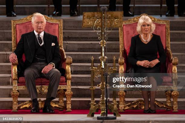 King Charles III and Camilla, Queen Consort take part in an address in Westminster Hall on September 12, 2022 in London, England. The Lord Speaker...