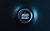 2023 Car Start Button On Dashboard;  2023 New Year Concept
