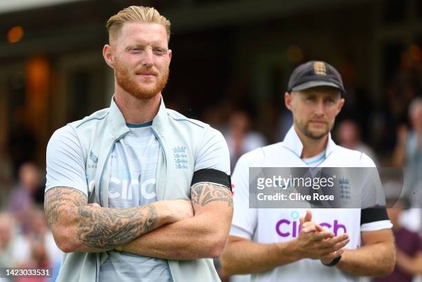 England captain Ben Stokes and Joe Root look onafter day five of the Third LV= Insurance Test Match between England and South Africa at The Kia Oval...