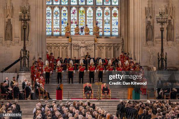 Lord Speaker John McFall and Speaker of the House of Commons Lindsay Hoyle King Charles III and Camilla, Queen Consort take part in an address in...