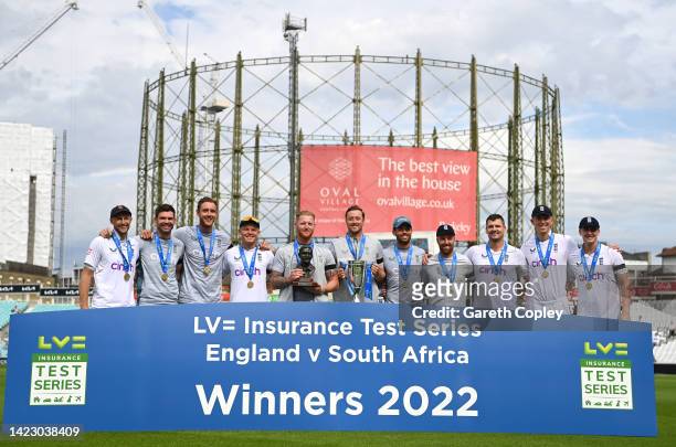 England captain Ben Stokes and his team celebrate behind the winners board after their 2-1 series victory after day five of the Third LV= Insurance...