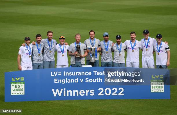 England captain Ben Stokes and his team celebrate behind the winners board after their 2-1 series victory after day five of the Third LV= Insurance...