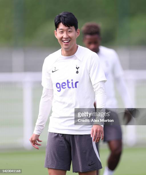 Heung-Min Son of Tottenham Hotspur during the Tottenham Hotspur training session ahead of their UEFA Champions League group D match against Sporting...