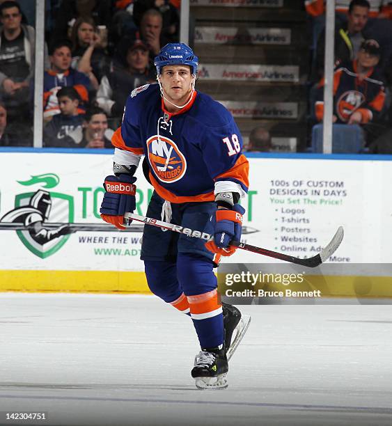 Micheal Haley of the New York Islanders skates against the Ottawa Senators at the Nassau Veterans Memorial Coliseum on April 1, 2012 in Uniondale,...