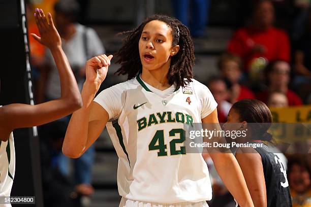 Brittney Griner of the Baylor Bears reacts in the first half against the Stanford Cardinal during the National Semifinal game of the 2012 NCAA...