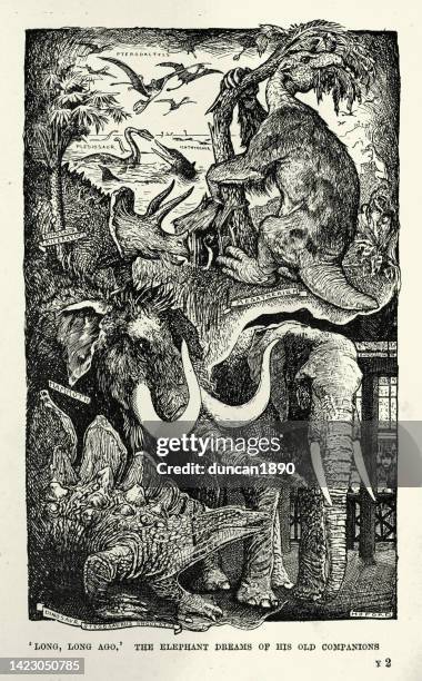 ilustraciones, imágenes clip art, dibujos animados e iconos de stock de elefante en un zoológico soñando con mamuts y dinosaurios, historias de animales victorianos, siglo 19 - paleontología