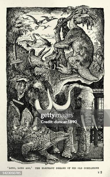 elephant in a zoo dreaming of mammoth and dinosaurs, victorian animal stories, 19th century - paleontology stock illustrations