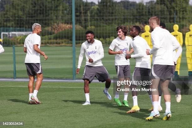 Richarlison, Emerson Royal, Bryan Gil and Pape Matar Sarr of Tottenham Hotspur during the Tottenham Hotspur training session ahead of their UEFA...