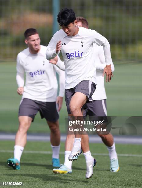 Heung-Min Son of Tottenham Hotspur during the Tottenham Hotspur training session ahead of their UEFA Champions League group D match against Sporting...