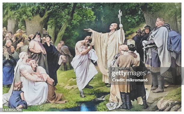 old engraved illustration of charlemagne at witikind's baptism (conversion of wittekind) - ancient greece stock pictures, royalty-free photos & images