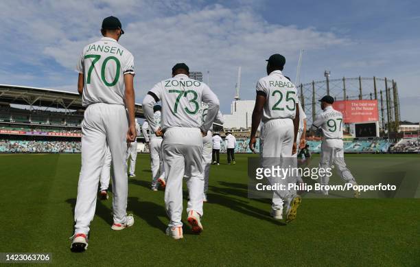 The South Africa team walk on to the ground for the fifth day of the third Test against England at The Kia Oval on September 12, 2022 in London,...