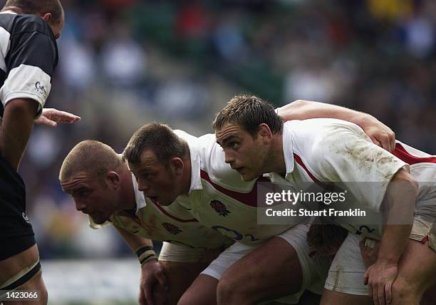 The England front row Phil Vickery , Steve Thompson and Trevor Woodman during the Prudential Tour match between England and Barbarians played at...