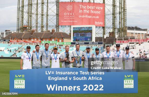 England captain Ben Stokes and his team celebrate behind the winners board after their 2-1 series victory after day five of the Third LV= Insurance...