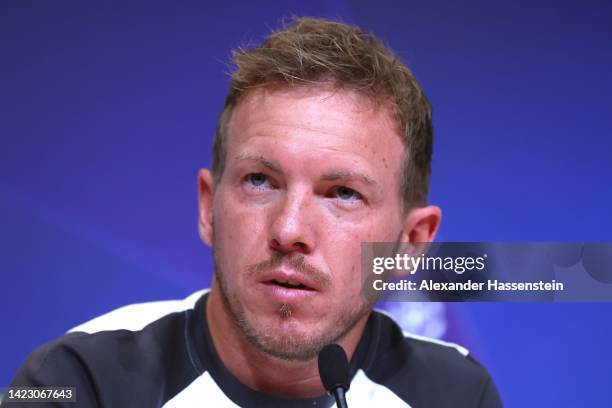 Julian Nagelsmann, head coach of FC Bayern München talks to the media during a press conference ahead of their UEFA Champions League group C match...