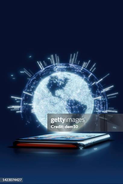 smart phone around globe with cryptocurrency data lines - planet mobile stock illustrations
