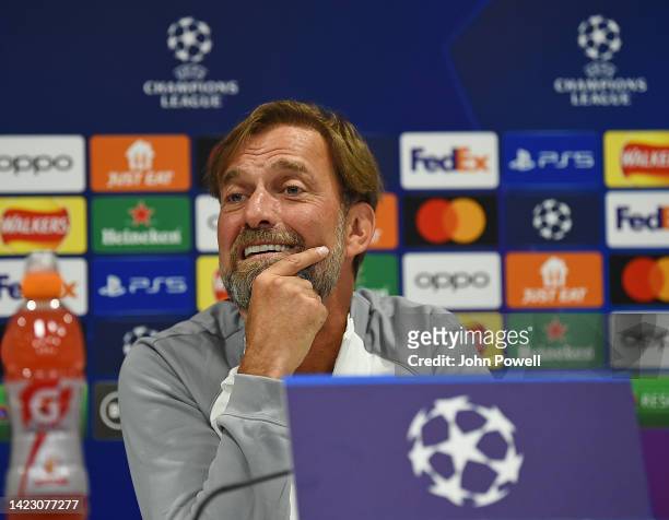 Jurgen Klopp manager of Liverpool at the Liverpool Press Conference at Anfield on September 12, 2022 in Liverpool, England.