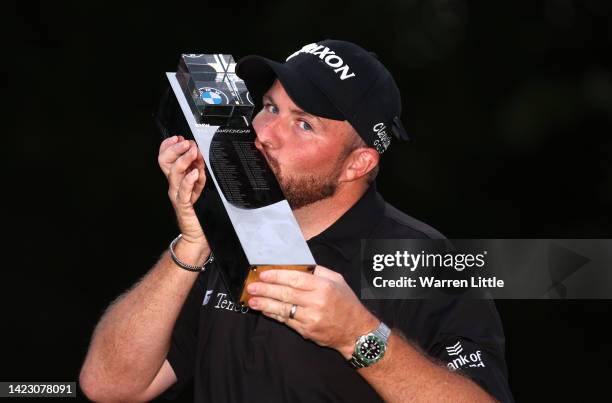 Shane Lowry of Ireland poses with the trophy after winning BMW PGA Championship at Wentworth Golf Club on September 11, 2022 in Virginia Water,...