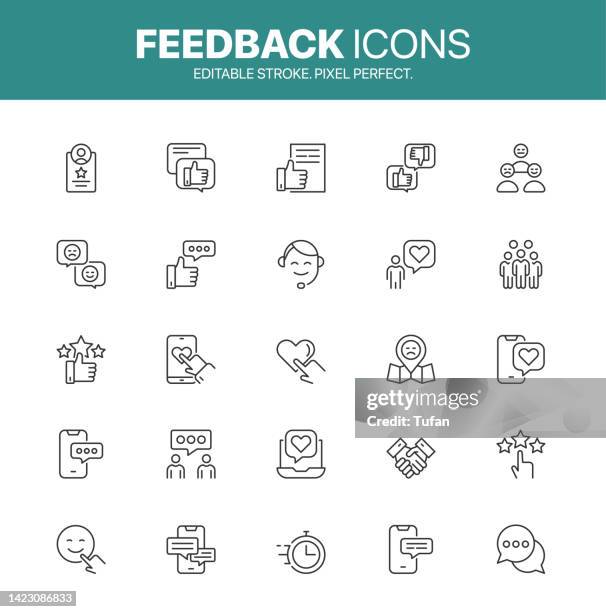 feedback icon set. customer and person icons. improvement symbol - holding up line stock illustrations