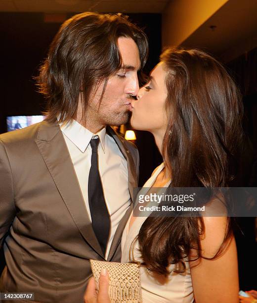 Musician Jake Owen and Lacey Buchanan pose backstage at the 47th Annual Academy Of Country Music Awards held at the MGM Grand Garden Arena on April...