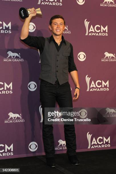Singer Scotty McCreery poses in the press room at the 47th Annual Academy Of Country Music Awards held at the MGM Grand Garden Arena on April 1, 2012...