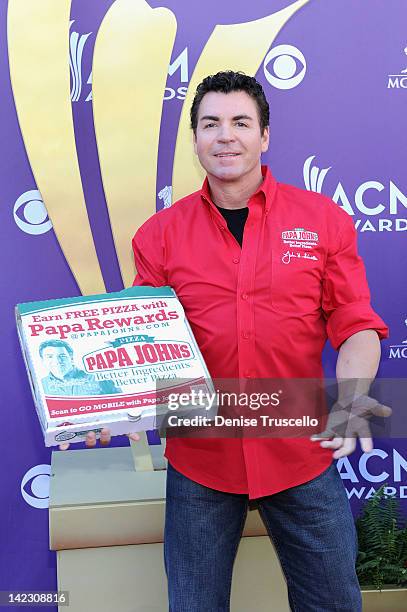 Papa Johns Pizza Founder John Schnatter arrives at the 47th Annual Academy Of Country Music Awards held at the MGM Grand Garden Arena on April 1,...