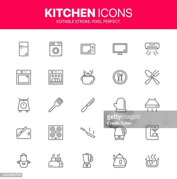 kitchen icon set. pod, pan, cooking and kitchen symbol. food chef and restaurant vector pack - cafe in department store stock illustrations
