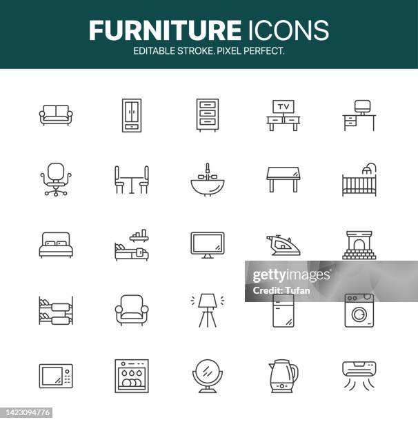 ilustrações de stock, clip art, desenhos animados e ícones de furniture icon set. home interior line symbol pack. living room, bedroom, workplace, kitchen and office vector - biombo