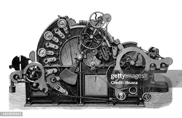 アンティークイラストレーション、応用機械および機械、繊維産業:綿を柔らかくし、清掃し、準備するための機械 - 紡織工場点のイラスト素材／クリップアート素材／マンガ素材／アイコン素材