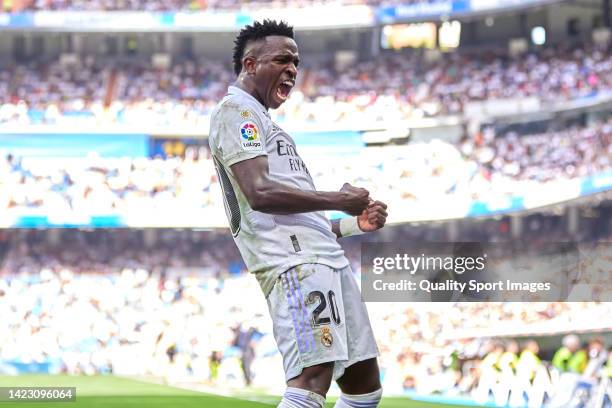 Vinicius Junior of Real Madrid gestures during the LaLiga Santander match between Real Madrid CF and RCD Mallorca at Estadio Santiago Bernabeu on...