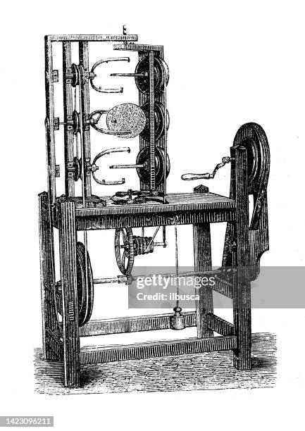 antique illustration, applied mechanics and machines, textile industry: machine for twisting threads and rope production - spool thread stock illustrations
