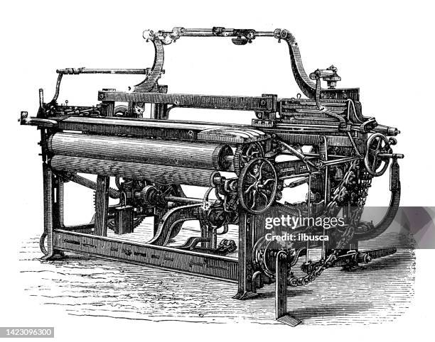 antique illustration, applied mechanics and machines, textile industry: loom - loom stock illustrations