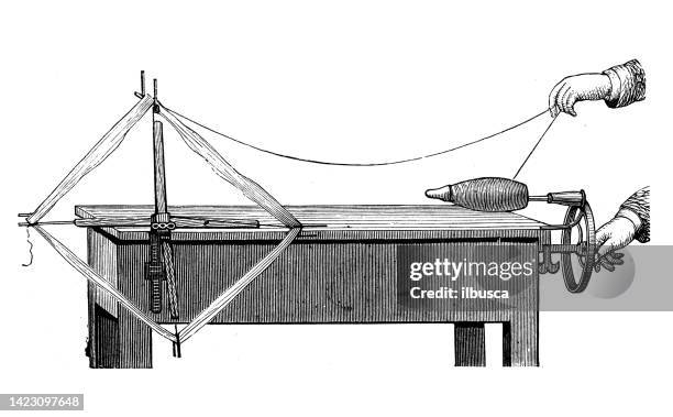 antique illustration, applied mechanics and machines, textile industry: warp and weft preparation - weft stock illustrations