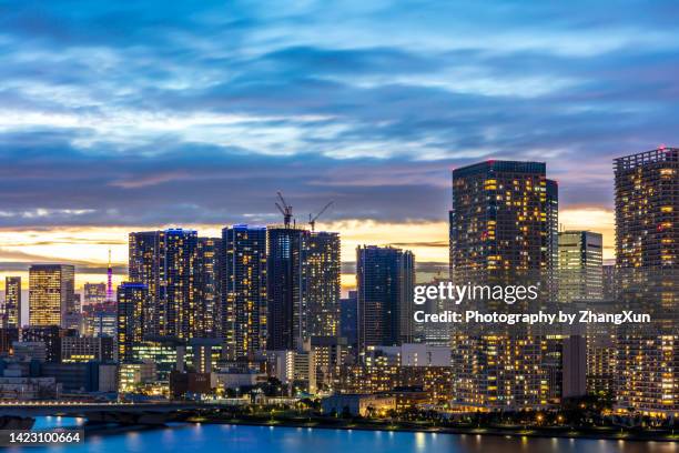 aerial view of tokyo kachidoki aera at evening. - kachidoki tokyo stock pictures, royalty-free photos & images