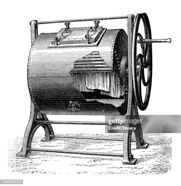antique illustration, applied mechanics and machines, textile industry: washing machines - antique washing machine stock illustrations