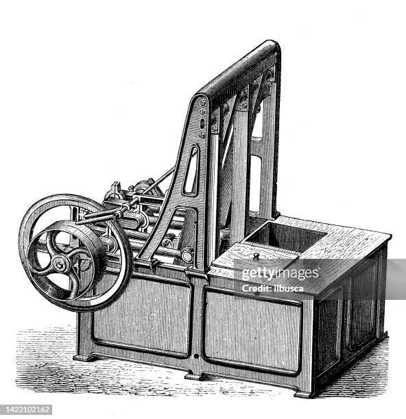 antique illustration, applied mechanics and machines, textile industry: washing and strengthening machines - antique washing machine stock illustrations