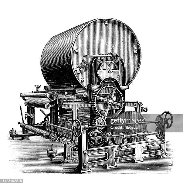 antique illustration, applied mechanics and machines, textile industry: starching machine - starch stock illustrations