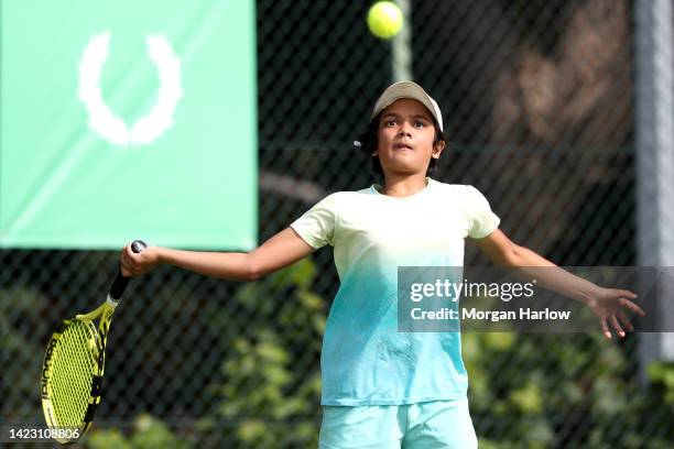 Prisha Mehta returns a shot during the finals of the Fred Perry Championships at the Brentham Club on September 11, 2022 in Ealing, England.