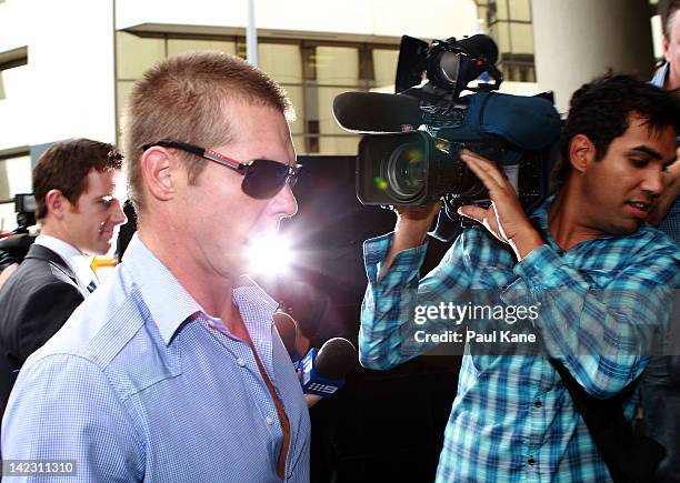 Ben Cousins arrives at the Perth Magistrates Court on April 2, 2012 in Perth, Australia. Former AFL player, Cousins was arrested last week on drugs...