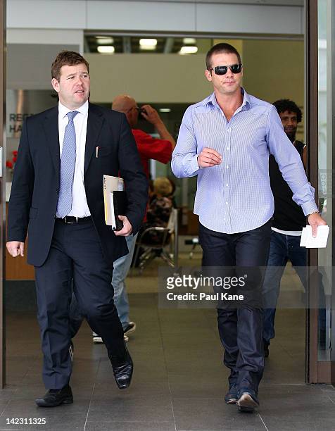 Ben Cousins and his lawyer Michael Tudori depart from the Perth Magistrates Court on April 2, 2012 in Perth, Australia. Former AFL player, Cousins...