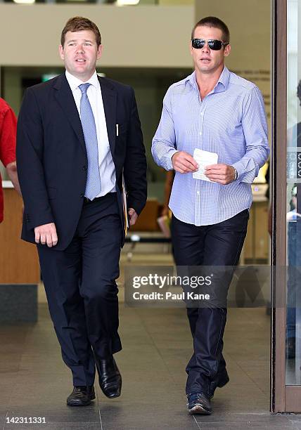 Ben Cousins and his lawyer Michael Tudori depart from the Perth Magistrates Court on April 2, 2012 in Perth, Australia. Former AFL player, Cousins...