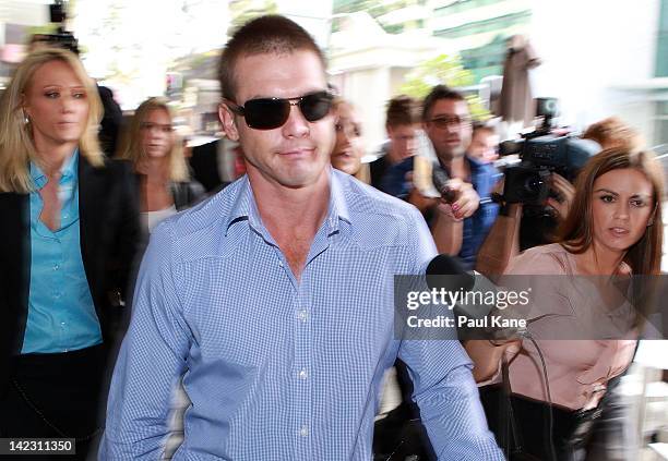 Ben Cousins departs from the Perth Magistrates Court on April 2, 2012 in Perth, Australia. Former AFL player, Cousins was arrested last week on drugs...