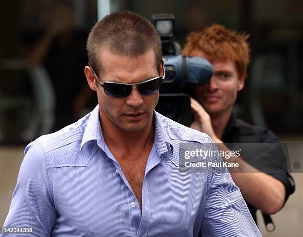 Ben Cousins arrives at the Perth Magistrates Court on April 2, 2012 in Perth, Australia. Former AFL player, Cousins was arrested last week on drugs...