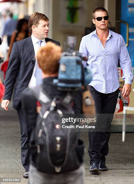 Ben Cousins and his lawyer Michael Tudori arrive at the Perth Magistrates Court on April 2, 2012 in Perth, Australia. Former AFL player, Cousins was...