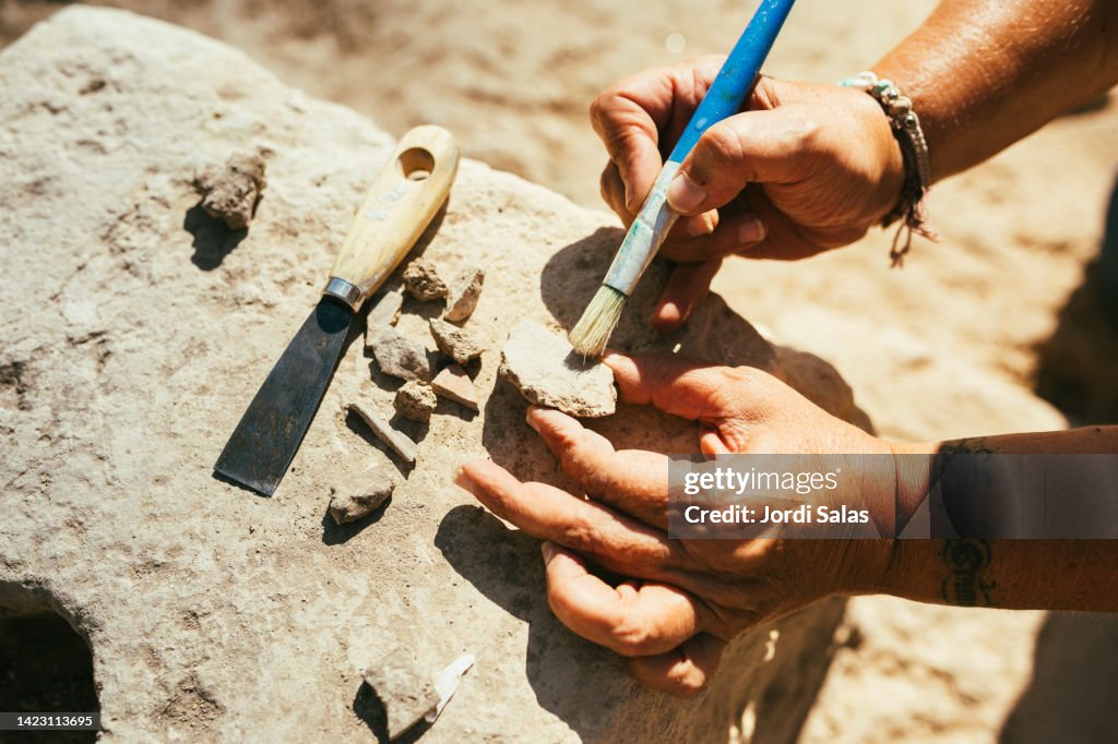 Archaeologist brushing pottery on an archaeological site