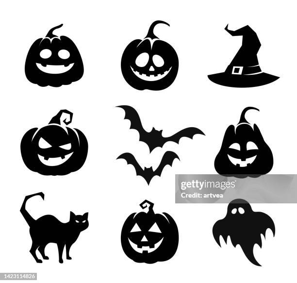 ilustrações, clipart, desenhos animados e ícones de coleção de ícones felizes do halloween - abóbora