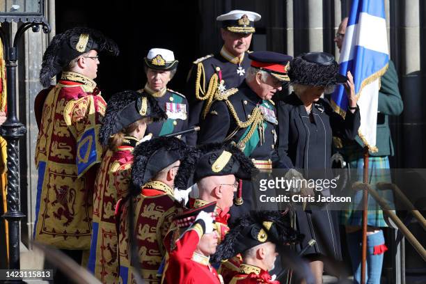 Princess Anne, Princess Royal, Sir Timothy Laurence, King Charles III and Camilla, Queen Consort are seen outside St Giles Cathedral as The Queen's...