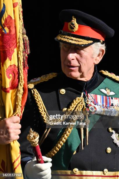 King Charles III is seen outside St Giles Cathedral as The Queen's funeral cortege makes its way into the cathedral on September 12, 2022 in...